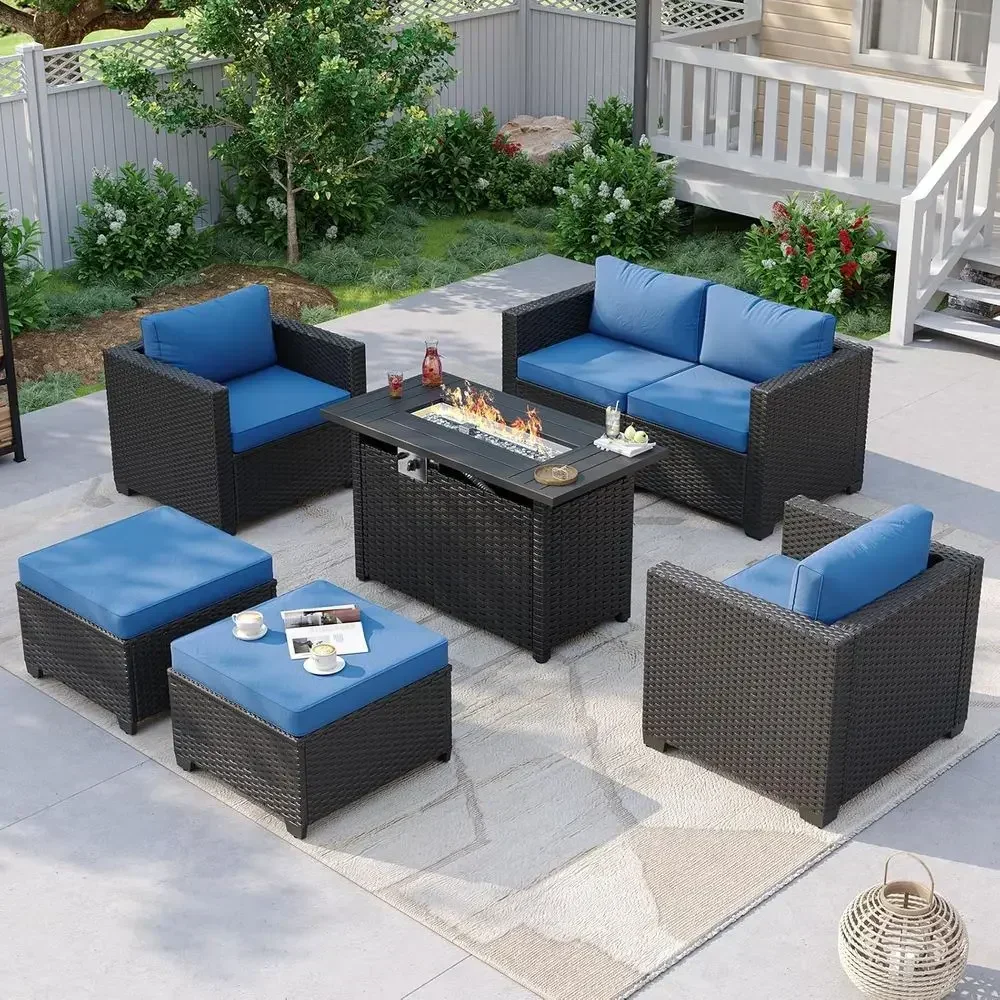 Outdoor Furniture Fire Table - 6-Seat Outdoor Patio Furniture Set with