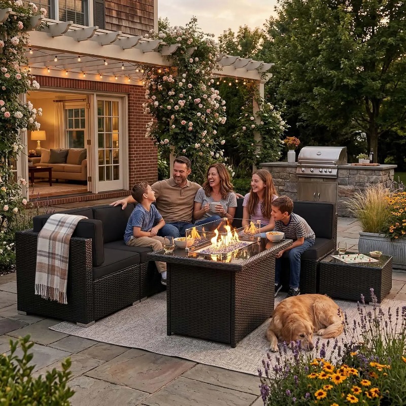 8-Piece Patio Wicker Sectional - Outdoor Furniture Fire Table 评论和价格
