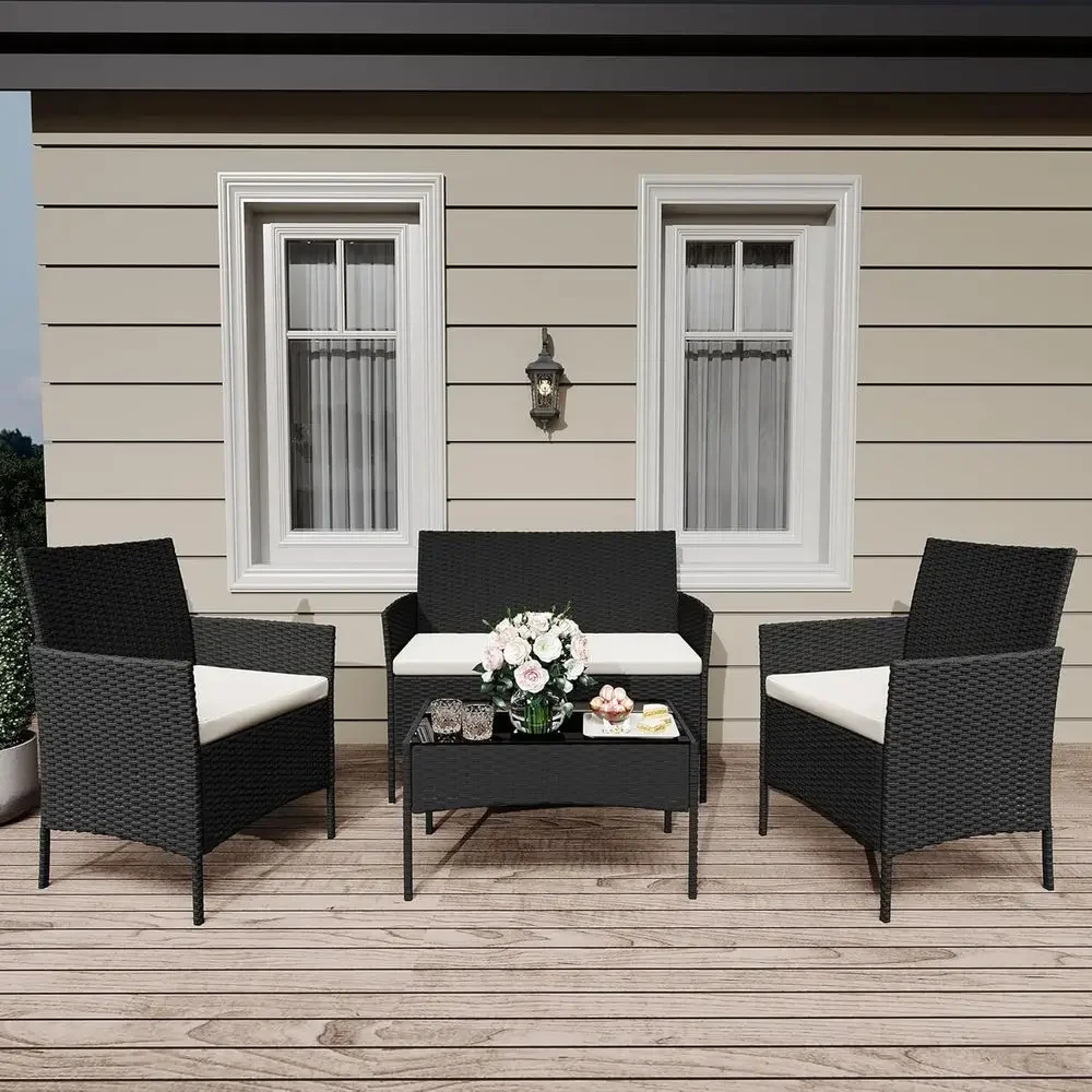 4-Piece Wicker Rattan Patio Fu - Outdoor Furniture Loveseat 评论和价格